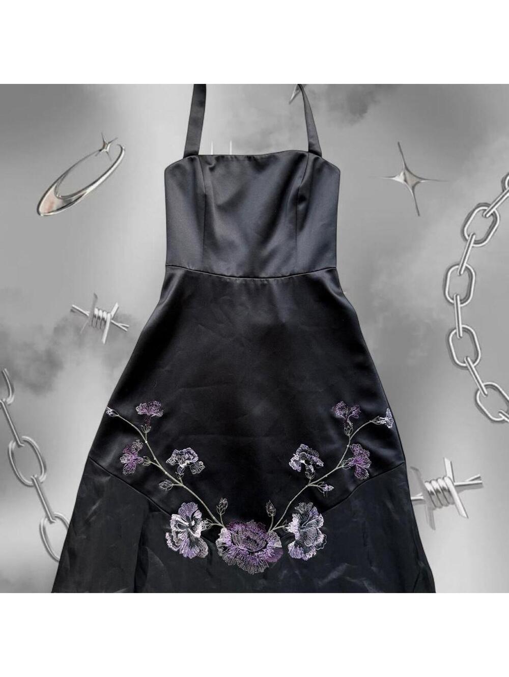 90s Vintage Laundry Black Floral Embroidered Beaded Mini Dress 0